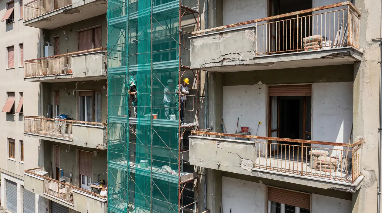 Operai su impalcature eseguono lavori urgenti su balconi danneggiati di un edificio residenziale
