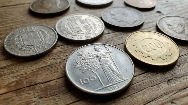 Vecchie monete italiane sparse su un tavolo in legno, tra cui 100 lire e 200 lire