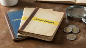 Vecchi libretti postali su tavolo di legno con monete e lente d'ingrandimento