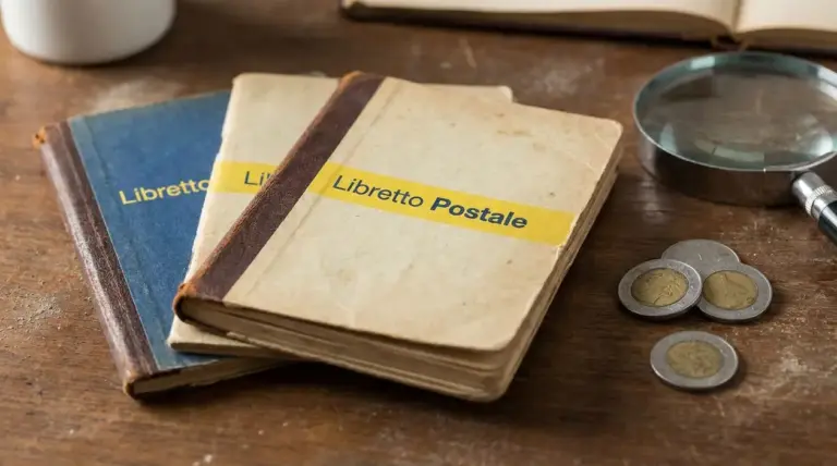 Vecchi libretti postali su tavolo di legno con monete e lente d'ingrandimento