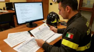 Un vigile del fuoco in ufficio consulta alcune tabelle retributive al computer e su carta
