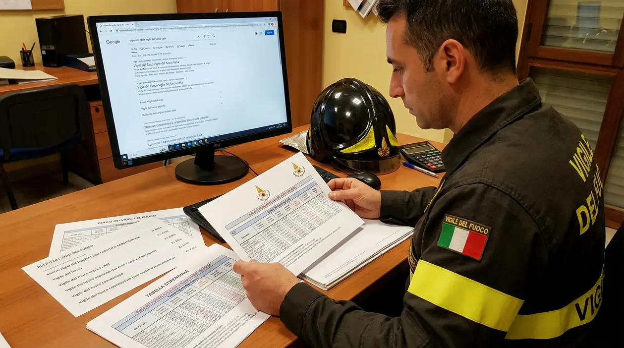 Un vigile del fuoco in ufficio consulta alcune tabelle retributive al computer e su carta