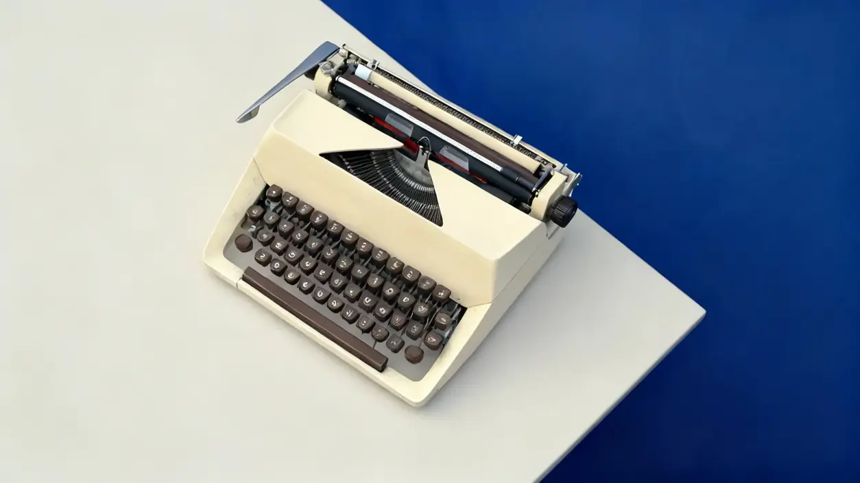 Macchina da scrivere vintage beige su un tavolo chiaro con sfondo blu