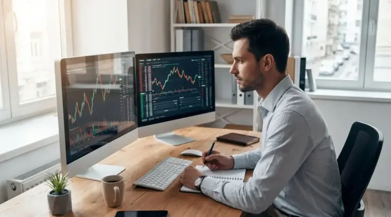 Persona al computer che analizza grafici di trading su due monitor in un ufficio luminoso