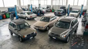 Auto d'epoca e moderne all'interno di un'officina con meccanici al lavoro