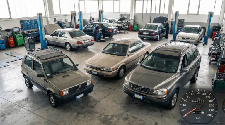 Auto d'epoca e moderne all'interno di un'officina con meccanici al lavoro