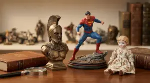 Statue e modellini da collezione su uno scaffale, tra cui un busto antico e un supereroe.