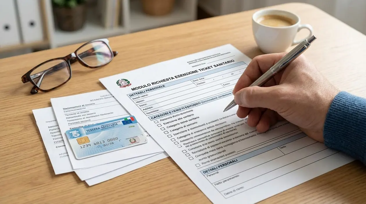 Persona compila modulo per esenzione ticket sanitario su una scrivania con documenti e tessera sanitaria.