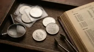 Monete italiane da 100 lire del 1955 su un vassoio con lente d'ingrandimento e catalogo numismatico