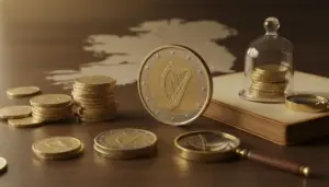 Monete da 2 euro con l'arpa irlandese, appoggiate su un tavolo di legno con lente e mappa sullo sfondo