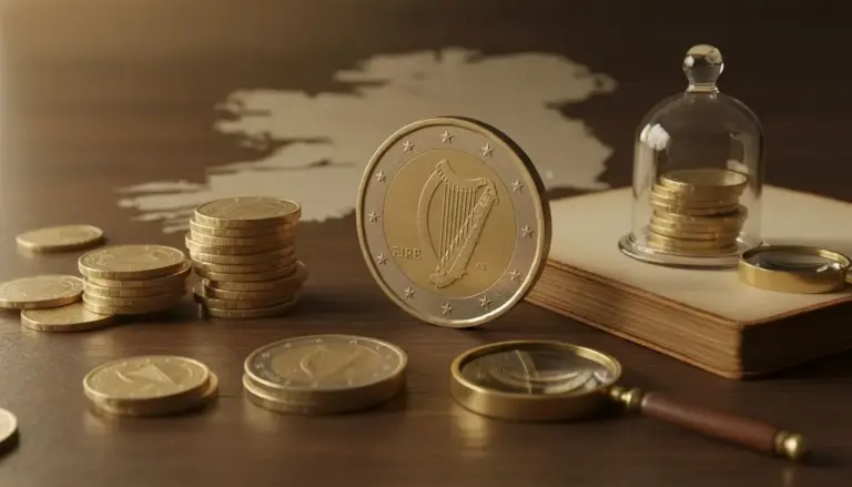 Monete da 2 euro con l'arpa irlandese, appoggiate su un tavolo di legno con lente e mappa sullo sfondo