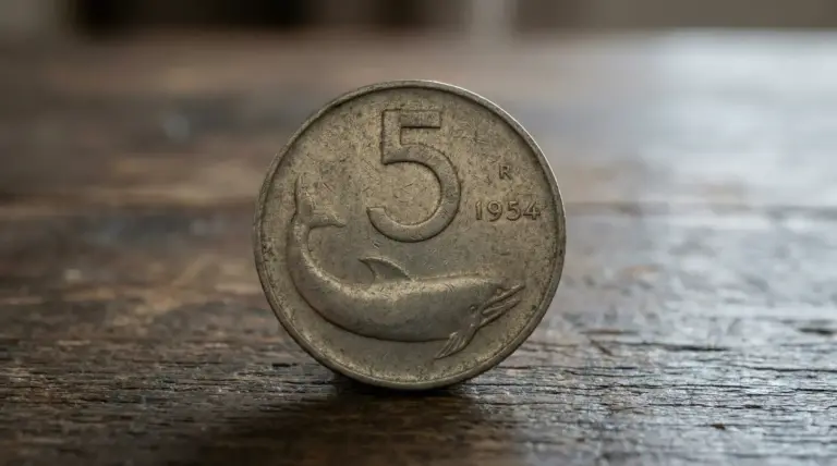Moneta italiana da 5 lire del 1954 con figura di delfino in evidenza