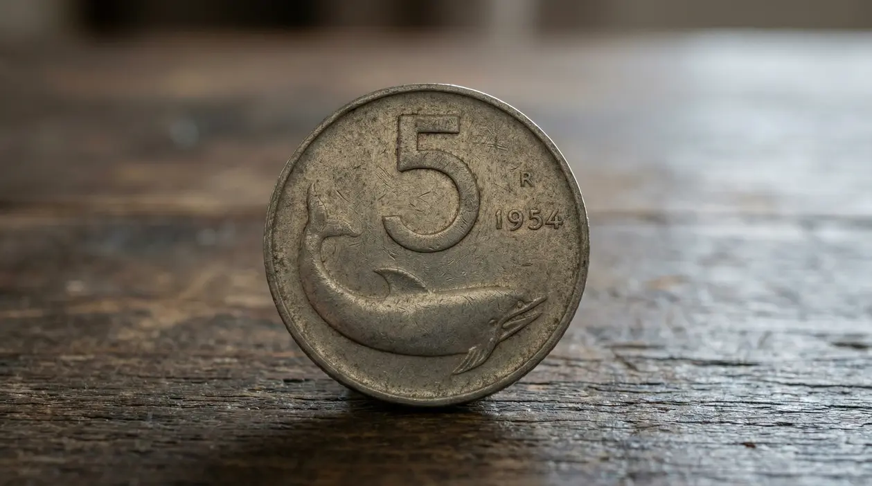 Moneta italiana da 5 lire del 1954 con figura di delfino in evidenza