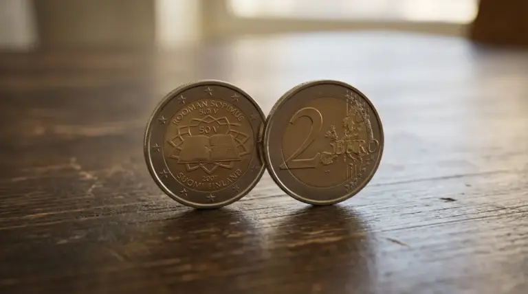 Due monete da 2 euro Finlandia 2007 commemorative appoggiate su un tavolo in legno