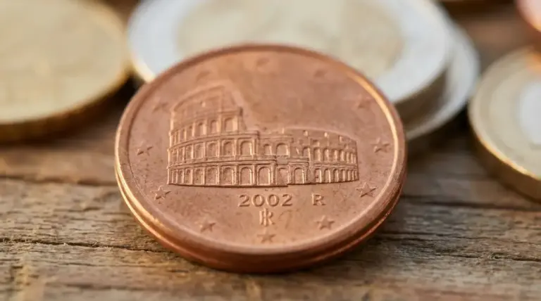 Primo piano di una moneta da 5 centesimi con il Colosseo inciso