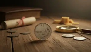 Moneta da 1 lira del 1955 su tavolo in legno con lente d'ingrandimento e altre monete