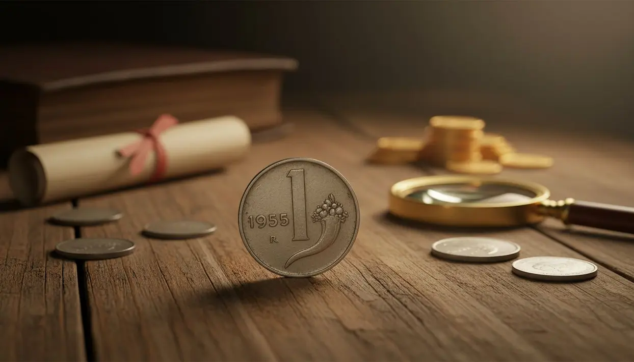 Moneta da 1 lira del 1955 su tavolo in legno con lente d'ingrandimento e altre monete