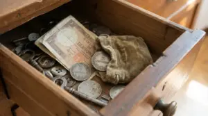 Cassetto di legno con monete antiche italiane, una banconota e un sacchetto di velluto