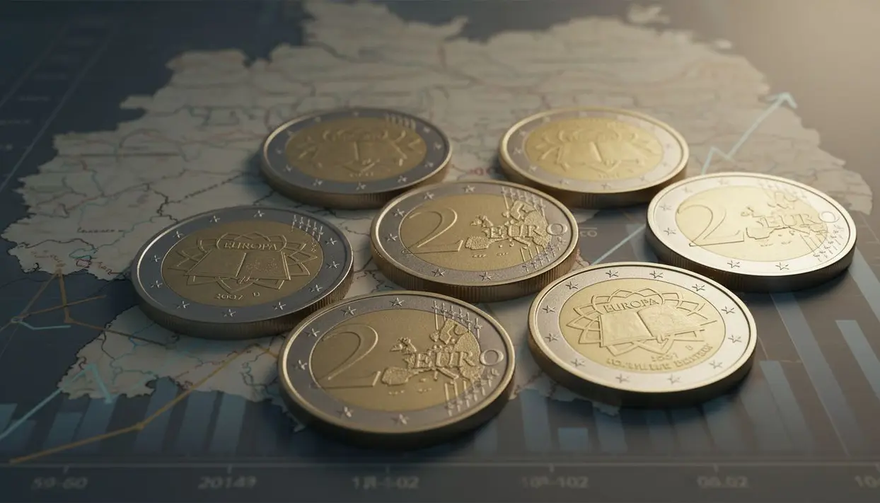 Monete da 2 euro tedesche disposte su una mappa della Germania