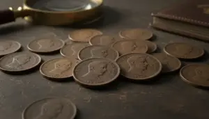 Vecchie monete con l'effigie di Umberto I su una superficie scura accanto a una lente d'ingrandimento