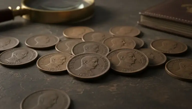 Vecchie monete con l'effigie di Umberto I su una superficie scura accanto a una lente d'ingrandimento