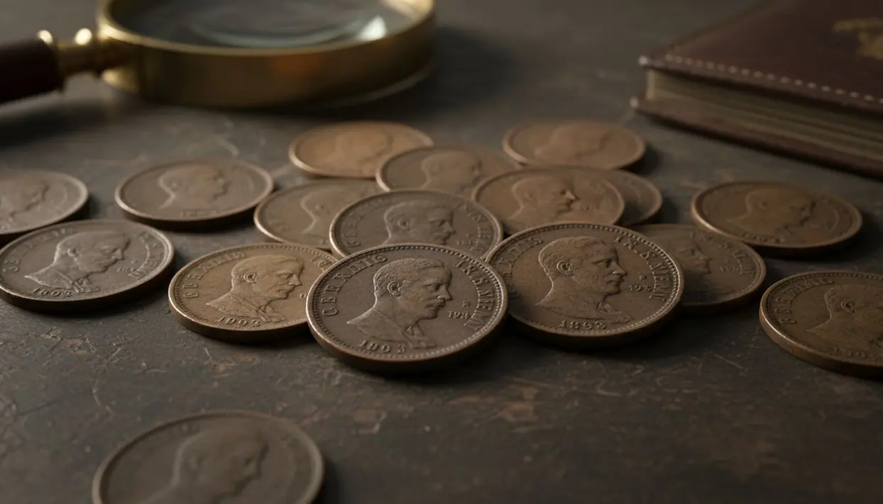 Vecchie monete con l'effigie di Umberto I su una superficie scura accanto a una lente d'ingrandimento
