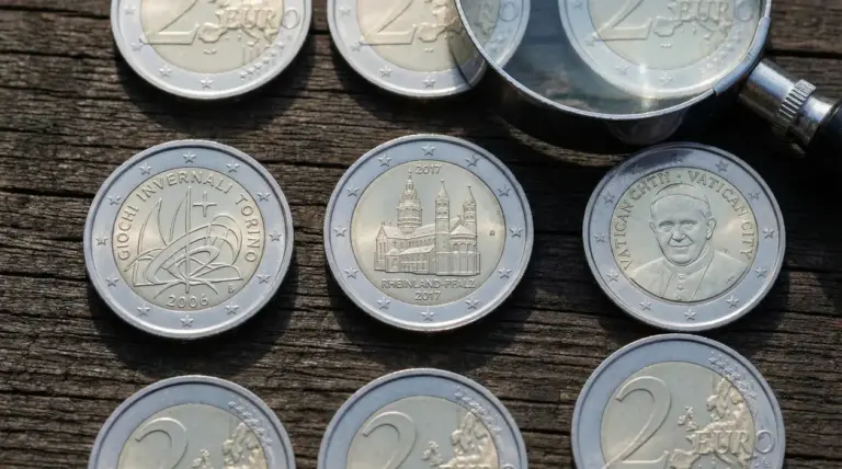 Monete da 2 euro commemorative su un tavolo in legno con lente d’ingrandimento