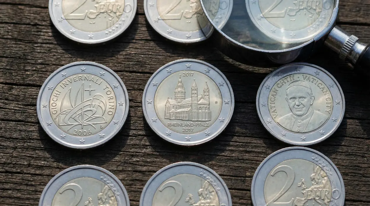 Monete da 2 euro commemorative su un tavolo in legno con lente d’ingrandimento