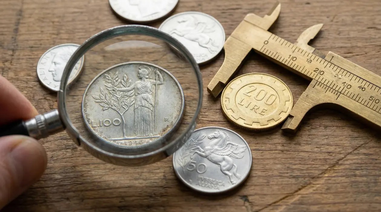 Monete italiane esaminate con lente d'ingrandimento e calibro su tavolo di legno