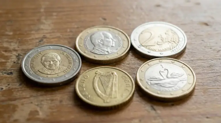 Monete in euro provenienti da diversi paesi europei su un tavolo di legno