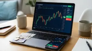 Laptop con grafico finanziario GBP/USD e sterline britanniche su una scrivania