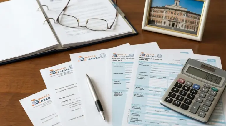 Documenti fiscali Agenzia delle Entrate con calcolatrice su scrivania