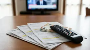 Telecomando su bollette e banconote con TV sfocata sullo sfondo