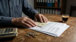 Una persona esamina documenti pensionistici su un tavolo con monete, calcolatrice e caffè.