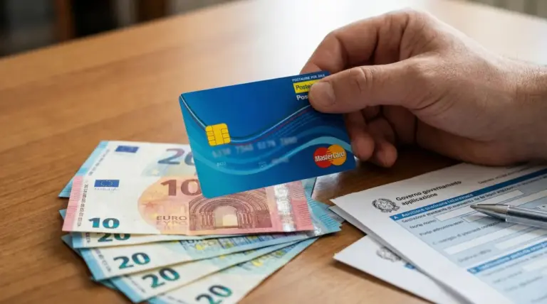 Una mano tiene una carta prepagata sopra banconote in euro e moduli amministrativi su un tavolo