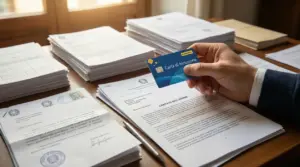 Persona tiene una carta di inclusione sopra una scrivania con documenti ufficiali.