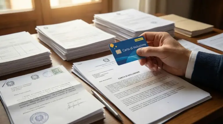 Persona tiene una carta di inclusione sopra una scrivania con documenti ufficiali.