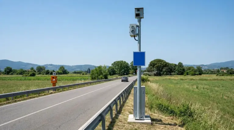 Autovelox moderno installato lungo una strada di campagna con auto in transito