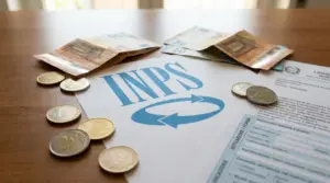 Monete, banconote e documenti INPS su un tavolo di legno