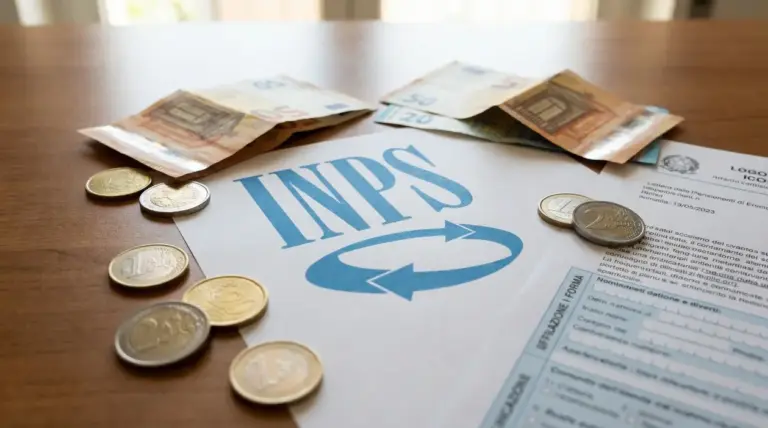 Monete, banconote e documenti INPS su un tavolo di legno