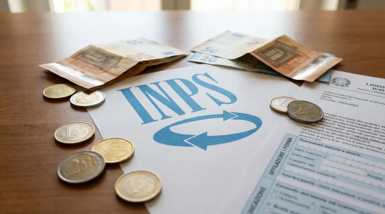 Monete, banconote e documenti INPS su un tavolo di legno