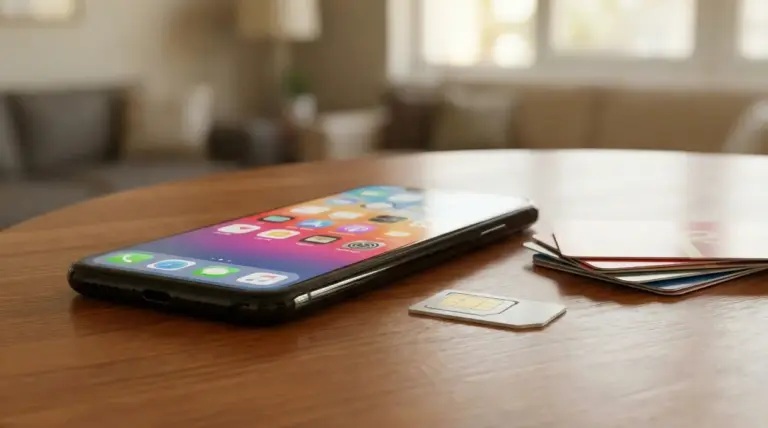 Smartphone su un tavolo accanto a una scheda SIM e a diverse carte