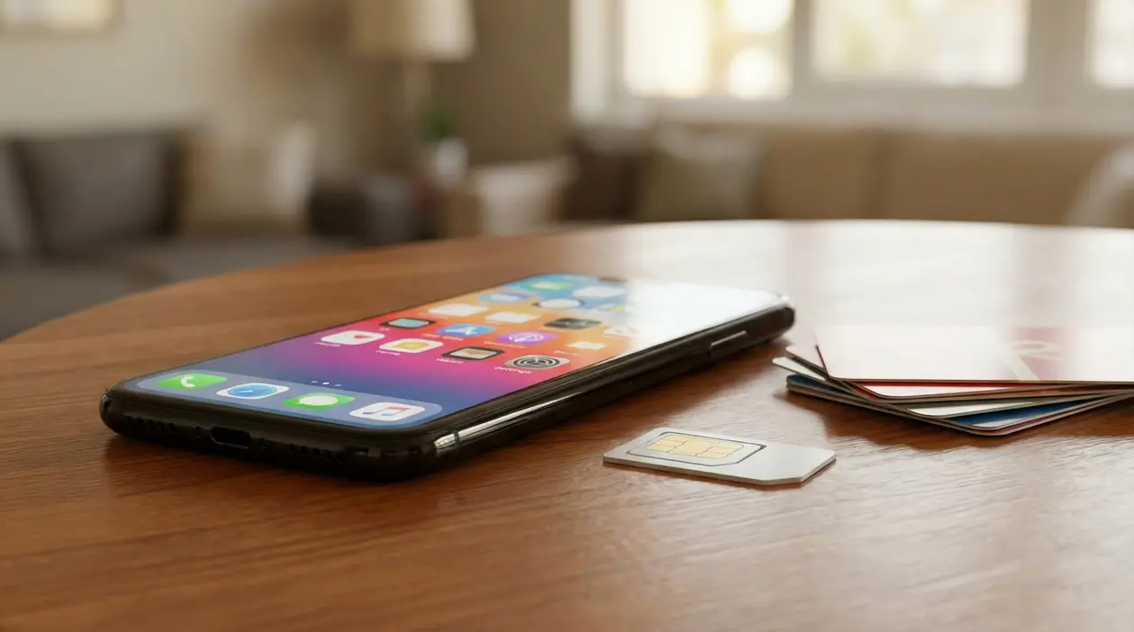 Smartphone su un tavolo accanto a una scheda SIM e a diverse carte