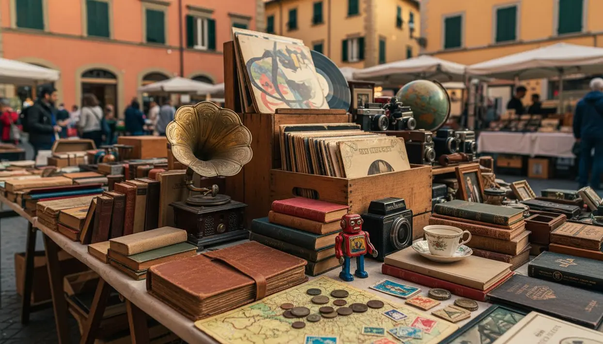 Bancarella di un mercatino dell'usato con oggetti da collezione vintage come libri, dischi, macchine fotografiche e monete