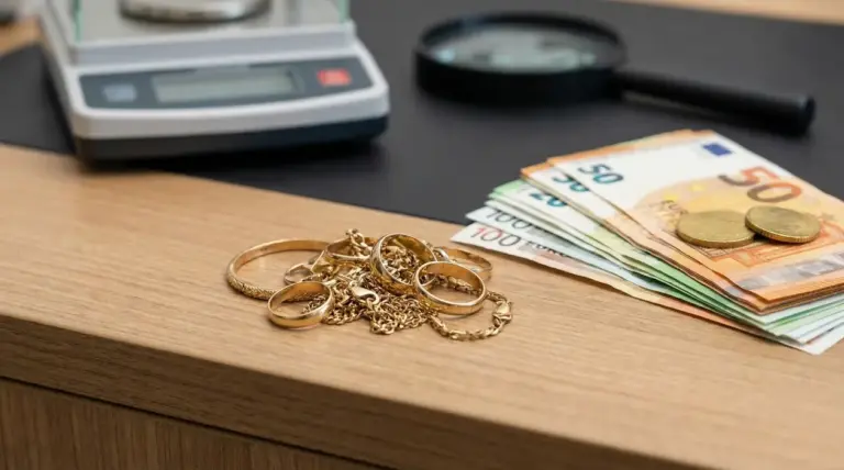 Gioielli in oro e banconote in euro su un banco, con bilancia sullo sfondo