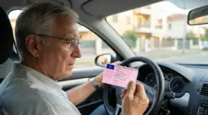 Persona anziana seduta in auto mentre osserva una patente di guida italiana