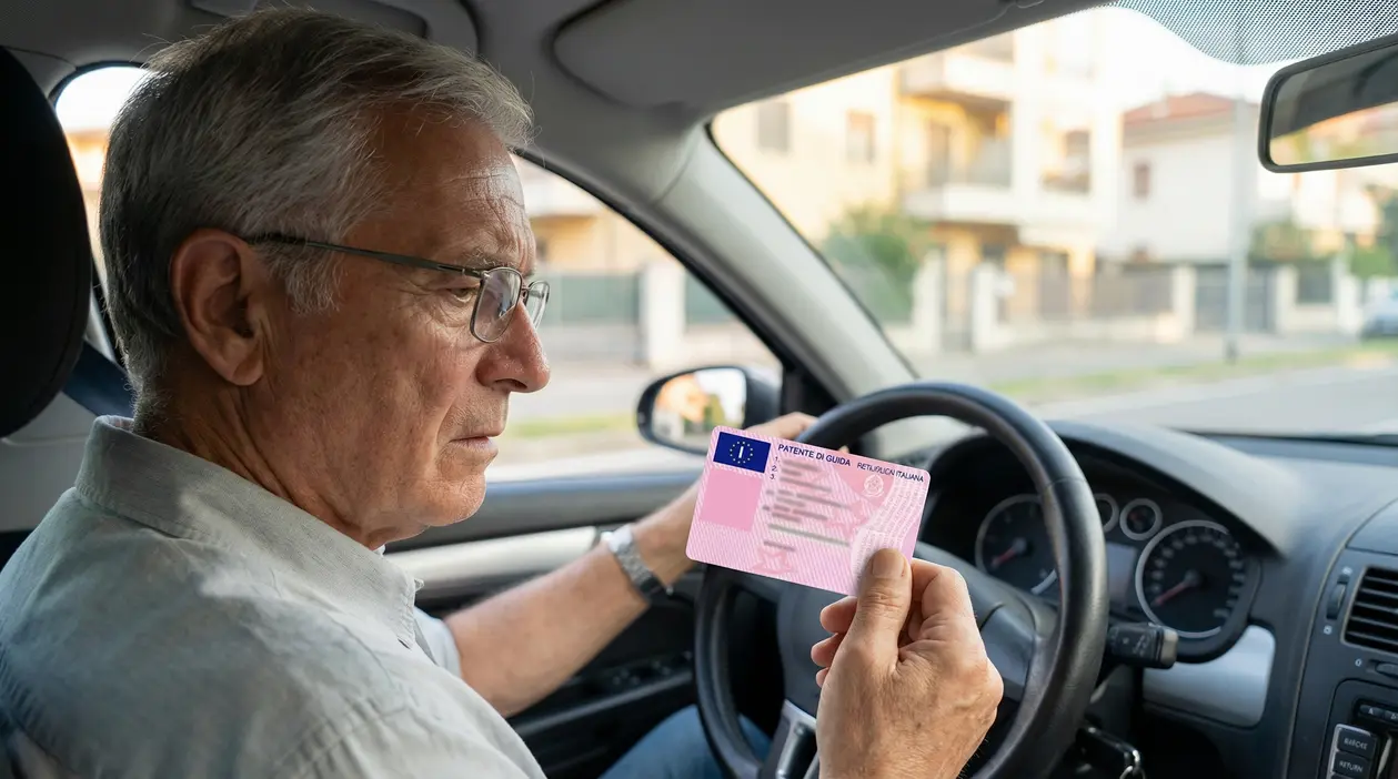 Persona anziana seduta in auto mentre osserva una patente di guida italiana