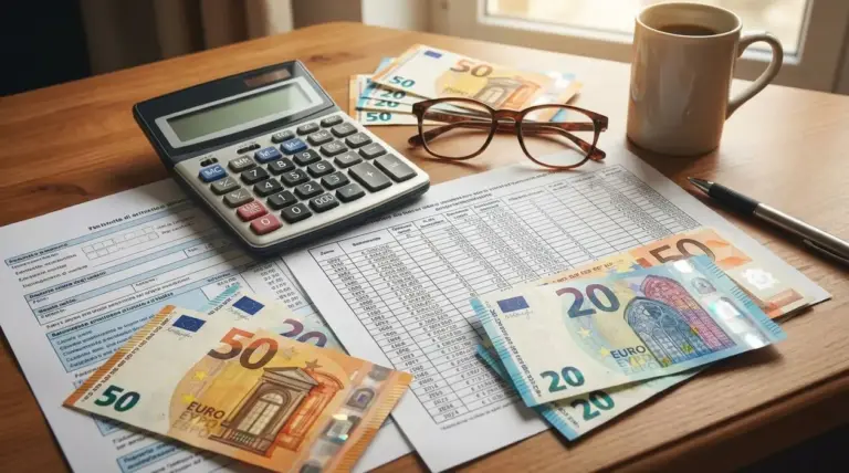 Calcolatrice, occhiali e banconote su documenti finanziari su una scrivania