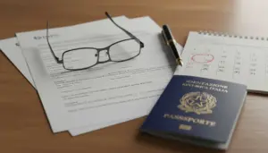 Documenti INPS, occhiali, passaporto e calendario su una scrivania