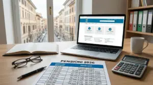 Scrivania con laptop aperto sul sito INPS, calcolatrice e documento sulle pensioni 2026